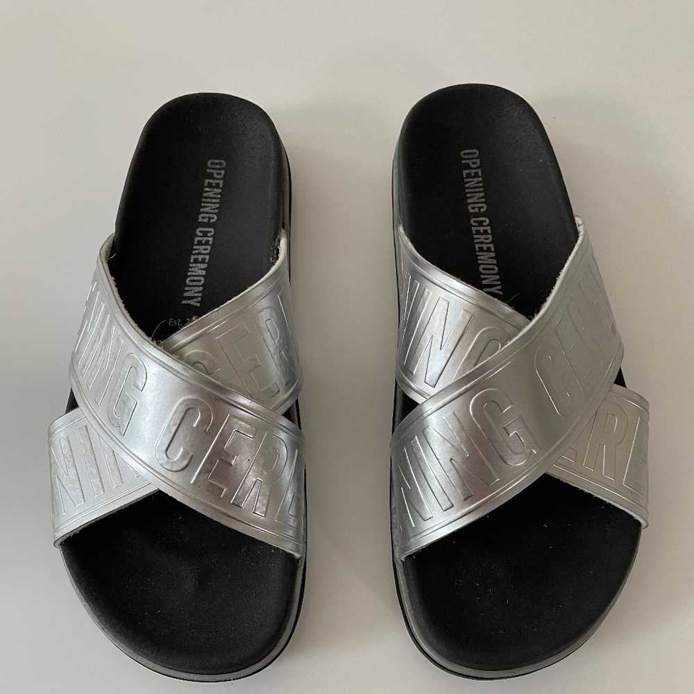 Opening Ceremony Silver Berkeley Crisscross Pool Slide Sandals, sz 42